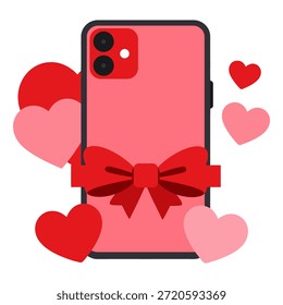 Ilustração vetorial plana moderna de um smartphone decorado com corações e um arco de presente, simbolizando amor, romance e afeto digital. Perfeito para projetos de Dia dos Namorados, aplicativos de namoro, mensagens românticas, postagens em mídias sociais, marketing móvel e projetos digitais com temas de amor.