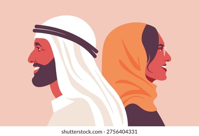 Modern flat vector illustration of a smiling young Arab couple in profile view, standing back-to-back. The Middle Eastern man wears a traditional keffiyeh and beard, while the woman wears an orange hijab and glasses. Modern Islamic lifestyle, family, cultural heritage, partnership, and diversity.
