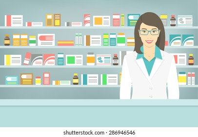 Modern flat vector illustration of a smiling young attractive female pharmacist at the counter in a pharmacy opposite the shelves with medicines. Health care conceptual background