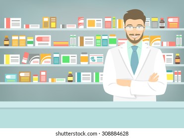 Modern flat vector illustration of a smiling young attractive male pharmacist at the counter in a pharmacy opposite of shelves with medicines. Health care conceptual background