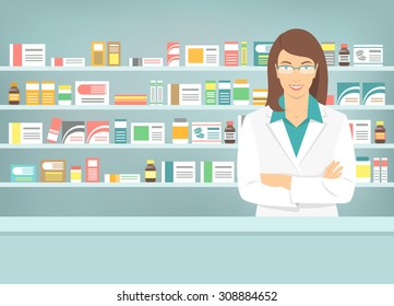 Modern flat vector illustration of smiling young attractive female pharmacist at the counter in a pharmacy opposite of shelves with medicines. Health care conceptual background