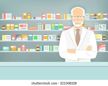 Modern flat vector illustration of a smiling aged male pharmacist at the counter in a pharmacy opposite of shelves with medicines. Health care conceptual background