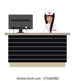 Modern flat vector illustration of a smiling young attractive female pharmacist behind the reception desk with monitor . Health care concept
