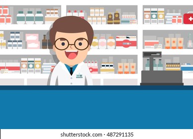 Modern flat vector illustration of a smiling young attractive male pharmacist at the counter in a pharmacy opposite of shelves with medicines. Health care conceptual background