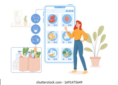 Modern Flat Vector Illustration. Stay At Home. Food Delivery. Young Woman. Order Grocery Online. Shop Online In Smartphone. Shopping. Quarantine. Buy At Home. Purchase Process. Mobile Payment Concept.