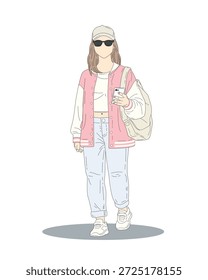 Ilustración vectorial plana moderna de una mujer joven con estilo que lleva ropa de calle casual, sosteniendo un teléfono inteligente y llevando un bolso de hombro. Paleta de colores pastel minimalista, estilo de contorno limpio, aislado sobre fondo blanco. Adecuado para el estilo de vida, la moda, las redes sociales, la juventud y los conceptos de ilustración modernos.