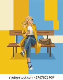 Modern flat vector illustration of a stylish blonde woman in a yellow trench coat and blue jeans sitting on a wooden park bench, holding a coffee cup and looking away. This minimalist urban lifestyle concept is perfect for fashion blogs, coffee shop advertisements, travel magazines, social media posts, and modern web landing pages.