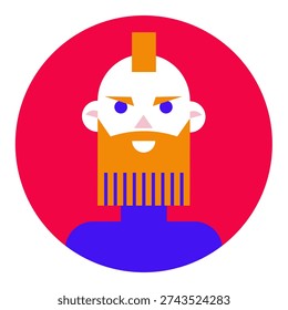 Modern flat vector illustration of a stylized man with an orange mohawk and a geometric striped beard inside a red circle. Perfect for user avatars, profile pictures, hipster concepts, barbershop logos, and creative character design.