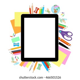 Modern flat vector illustration, tablet PC with school office supplies on white background