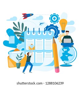 Modern flat vector illustration Teamwork project. Tiny people search for new solutions, creative work. Concept for web page, presentation, banner, social media, cards and posters.