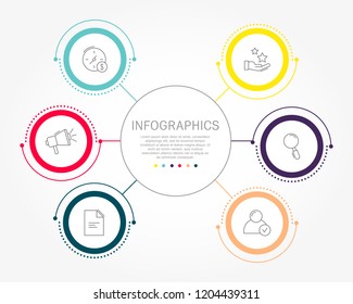Modern flat vector illustration. Template of circular infographics with six elements, circles. Contains text and icons. Designed for business, presentations, web design, diagrams with 6 steps.