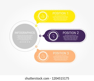 Modern flat vector illustration. Template of circular infographics with three elements, rectangles. Contains text and icons. Designed for business, presentations, web design, diagrams with 3 steps