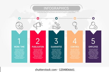 Modern flat vector illustration. Template infographics with five elements, rectangles. Contains text and icons. Designed for business, presentations, web design, diagrams with 5 steps.