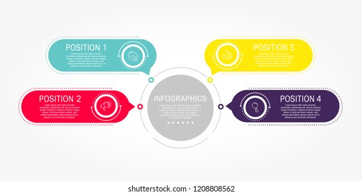 Modern flat vector illustration. Template of circular infographics with four elements, rectangles. Contains text and icons. Designed for business, presentations, web design, diagrams with 4 steps.