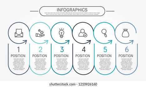 Modern flat vector illustration. Template infographics with six elements, circles and arrows. Contains text and icons. Designed for business, presentations, web design, diagrams with 6 steps.