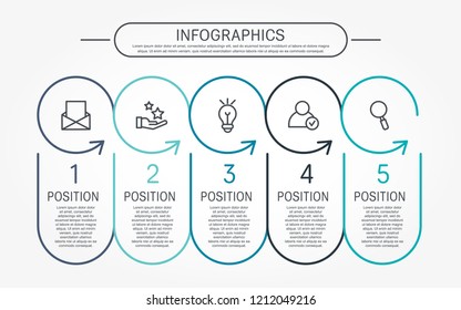 Modern flat vector illustration. Template infographics with five elements, circles and arrows. Contains text and icons. Designed for business, presentations, web design, diagrams with 5 steps.