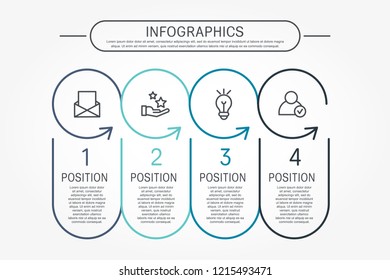 Modern flat vector illustration. Template infographics with four elements, circles and arrows. Contains text and icons. Designed for business, presentations, web design, diagrams with 4 steps.