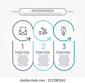 Modern flat vector illustration. Template infographics with three elements, circles and arrows. Contains text and icons. Designed for business, presentations, web design, diagrams with 3 steps.