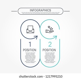 Modern flat vector illustration. Template infographics with two elements, circles and arrows. Contains text and icons. Designed for business, presentations, web design, diagrams with 2 steps.