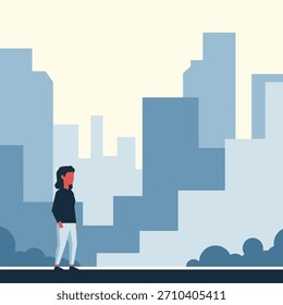 Ilustración vectorial plana moderna de una mujer reflexiva de pie en un paisaje urbano azul, aislado en el fondo blanco, perfecto para temas urbanos.