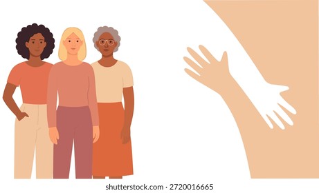 Uma ilustração vetorial plana moderna de três mulheres de diferentes idades e origens étnicas, com mãos abstratas estendidas para simbolizar apoio, unidade e empoderamento feminino. A paleta de cores pastel macia e o design mínimo tornam este trabalho artístico adequado para campanhas do Dia Internacional da Mulher, banners de mídias sociais, cartazes, apresentações e projetos de marca focados em igualdade.