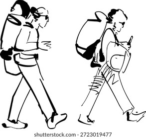 Ilustração vetorial plana moderna de turistas caminhando juntos durante uma viagem turística da cidade.