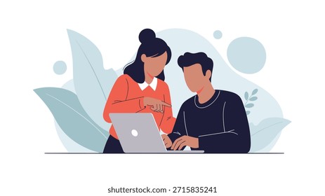 Moderna Ilustración vectorial plana de dos compañeros, un hombre y una mujer, colaborando y discutiendo el trabajo sobre un ordenador portátil en una oficina.
