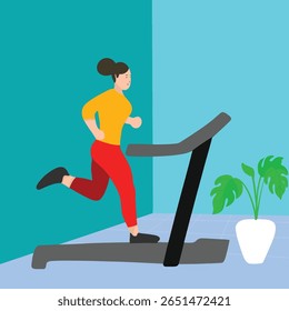 A modern flat vector illustration of a woman exercising on a treadmill inside a home or gym environment. The scene includes indoor plants and minimalist decor, emphasizing healthy lifestyle, fitness, 
