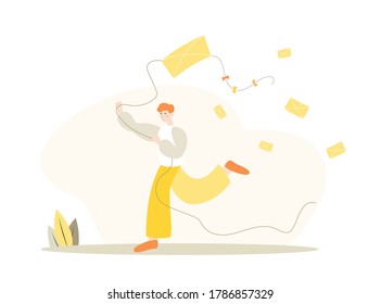 Modern flat vector illustration of young man holding a kite. Concept of online advertisement, sending emails, internet promotion. 