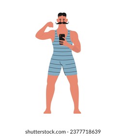 Moderne flache Vektorgrafik junger männlicher, stehender Front mit Schnurrbart, die seine Biceps zeigt, Smartphone hält und sich selbst nimmt, mit blauem Vintage-Badeanzug einzeln auf weißem Hintergrund