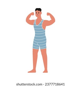 Modern flat vector illustration of young male showing his biceps, wearing blue vintage swim suit isolated on white background
