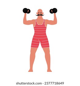 Modern flat vector illustration of young bald male standing front with mustache showing his biceps and holding dumbbells, wearing red vintage swim suit isolated on white background