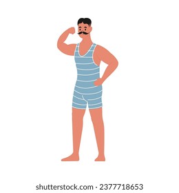 Modern flat vector illustration of young male with mustache showing his biceps, wearing blue vintage swim suit isolated on white background