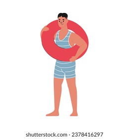 Modern flat vector illustration of young male standing with red swim tube, wearing blue vintage swim suit isolated on white background