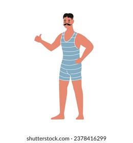 Modern flat vector illustration of young male standing showing thumbs up, wearing blue vintage swim suit isolated on white background