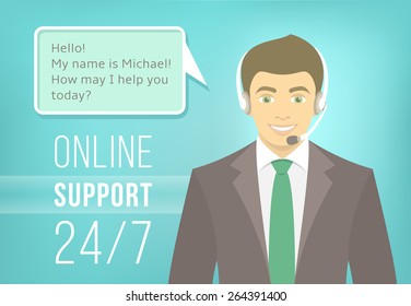 Modern flat vector illustration of young handsome man, employee of call center support and help service with headphones and speech bubble for chat with visitors of web site. Help desk online concept 