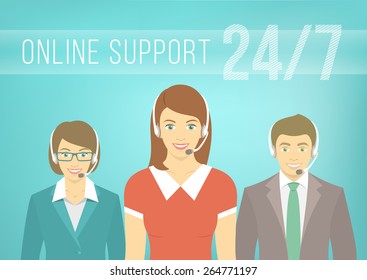 Modern flat vector illustration of young employees of customer call center support and help service, women and man, with headphones and inscription. Help desk online concept.