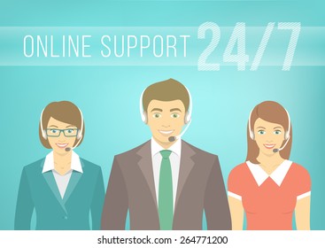 Modern flat vector illustration of young employees of call center support and help service, man and women, with headphones and inscription. Help desk online concept.