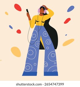 Modern flat vector illustration of a young woman in headphones, enjoying a podcast, audiobook, or online music. Trendy color palette.Concept for relaxation, digital lifestyle, and online communication