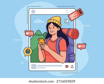 Moderna Ilustración vectorial plana de una joven viajera con una mochila usando un teléfono inteligente para compartir su viaje en las redes sociales