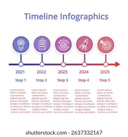 A modern flat vector infographic template showing a project or business timeline with arrows, icons, and steps. Ideal for reports, presentations, marketing plans, or education content. Fully editable 