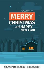 Modern flat vector Marry Christmas and Happy New Year greeting poster for any design project idea. Little house at moon light and stars with fit tree on the background with smoke in chimney 