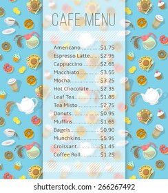 Modern flat vector menu template for cafe, cafeteria, bakery, coffee shop, fast food restaurant, bar with space for text and icons of tea, coffee and sweets. Background for flyer or brochure design