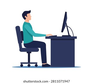 Modern flat vector of an office employee working on a desktop computer in a professional workspace.