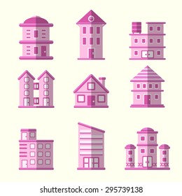 Modern flat vector pink buildings set