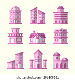 Modern flat vector pink buildings collection
