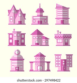 Modern flat vector pink buildings set