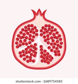 Moderner, flacher Vektor aus einem Granatapfel, halbiert mit leuchtend roten Samen und weich rosa Textur. Perfekt für gesunde Ernährung, Bio-Obst, vegane Ernährung, botanische und natürliche Produktdesign-Konzepte.