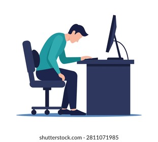 Modern flat vector of poor sitting posture at a computer workstation, office ergonomics, and workplace health concept.
