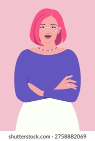 Modern flat vector portrait of a confident woman with pink hair and glasses, standing with her arms crossed against a pastel pink background. Perfect for concepts of body positivity, inclusive representation, creative professionals, feminism, UI and UX user avatars.